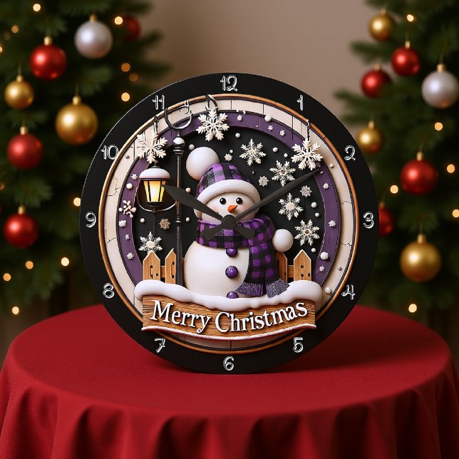 Purple Plaid Snowman Merry Christmas Large Clock (Creator Uploaded)