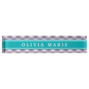 Purple Plaid Stripe Pattern Teal Blue Accent Nameplate