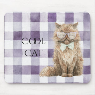 Purple Plaid Stripes Brown Cool Cat Glasses Mouse Pad