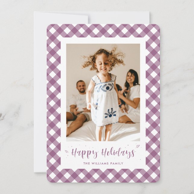 Purple Plaid Typography Photo Happy Holiday Card (Front)