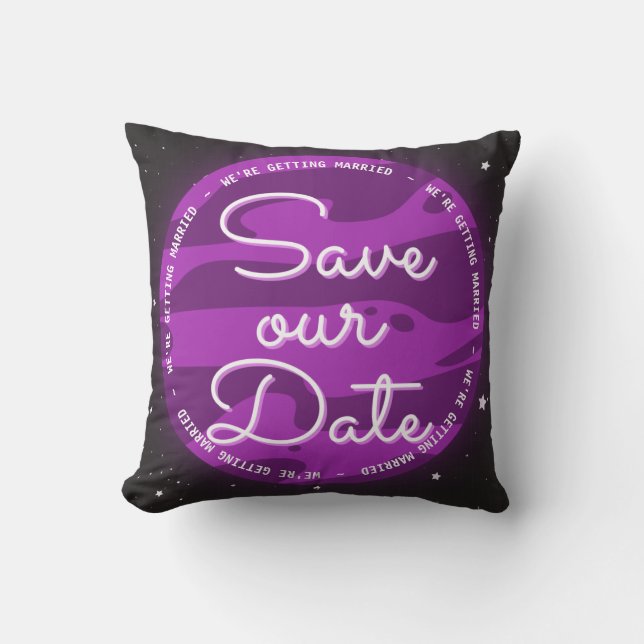 Purple Planet Space Themed Save Our Date Cushion (Front)