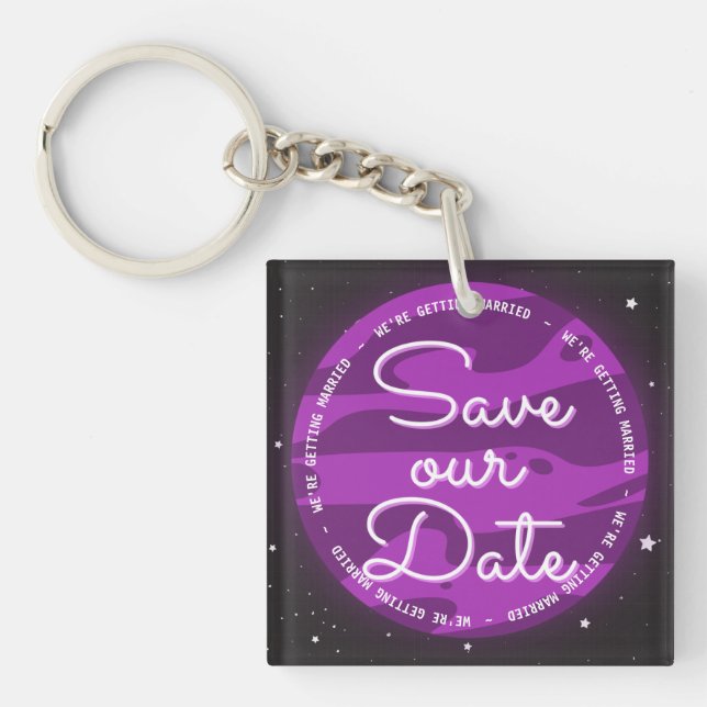 Purple Planet Space Themed Save Our Date Key Ring (Front)