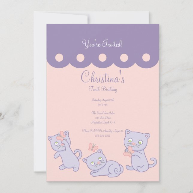 Purple Playful Kittens Birthday Party Invitation (Front)