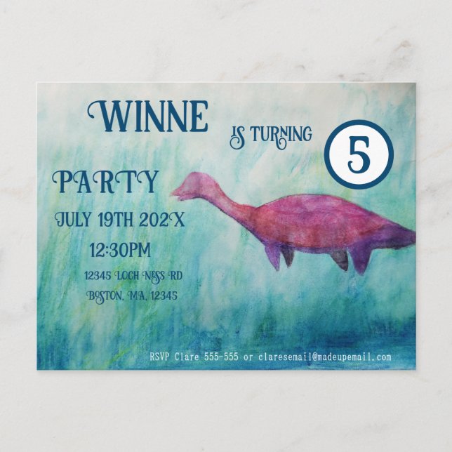 Purple Plesiosaurus Invitation Postcard (Front)