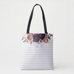 Purple Plum and Burgundy Floral Monogram Tote Bag