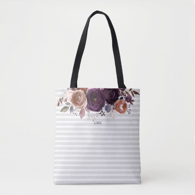 Purple Plum and Burgundy Floral Monogram Tote Bag (Front)