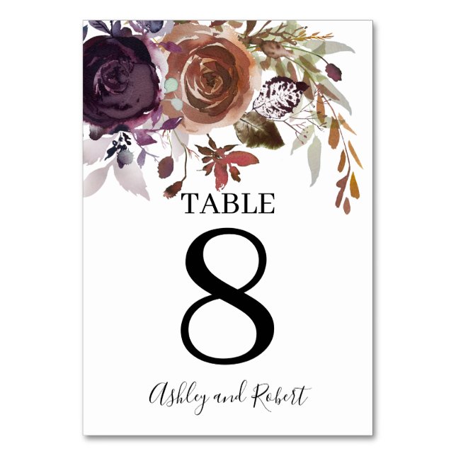 Purple Plum and Gold Floral Wedding Table Number (Front)