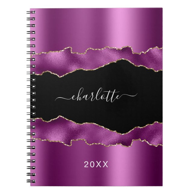 Purple plum black agate marble name script notebook (Front)