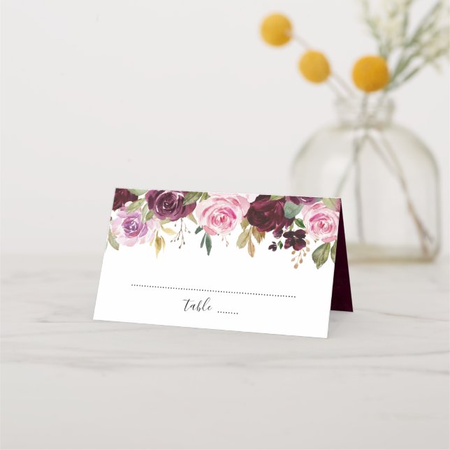 Purple plum Blush Pink Floral Botanical Place Card (Front)