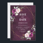 Purple plum Blush Pink Rose Boho Geometric Wedding Save The Date<br><div class="desc">Beautiful floral boho wedding save the date features hand-painted watercolor floral graphics / roses in rich tones of purple plum lavender and blush pink / peach and charming hand lettering style font. Please contact me for any help in customisation or if you need any other product with this design.</div>