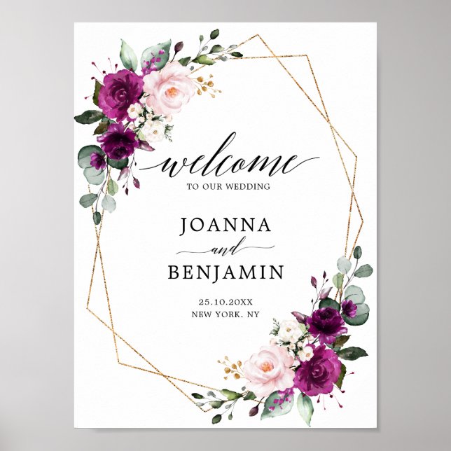 Purple Plum Blush Pink Rose Wedding Welcome Poster (Front)
