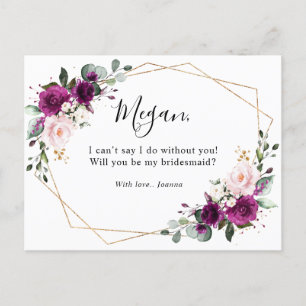 Purple Plum Blush Pink Roses Geometric Bridesmaid Postcard