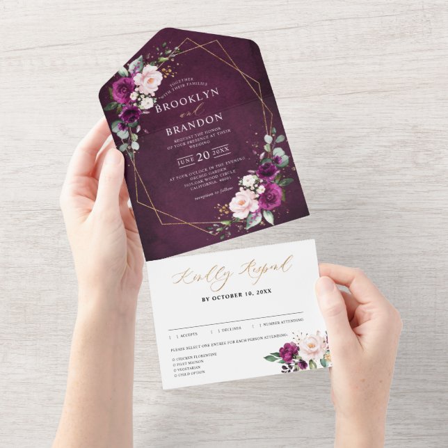  Purple Plum Blush Pink Roses Geometric Wedding Al All In One Invitation (Tearaway)