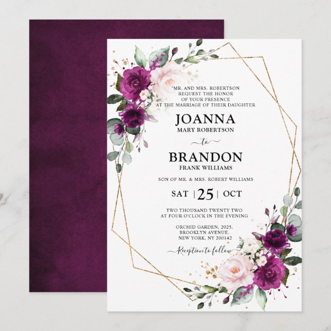 Purple Plum Blush Pink Roses Geometric Wedding Invitation (Front/Back)