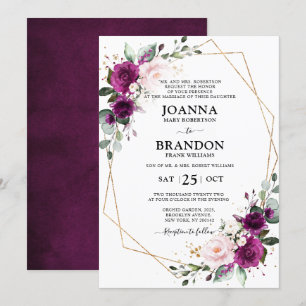 Purple Plum Blush Pink Roses Geometric Wedding Invitation