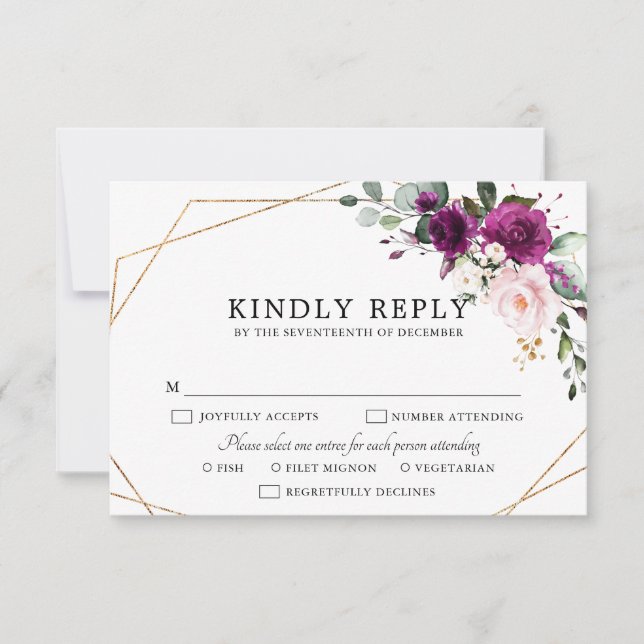 Purple Plum Blush Pink Roses Geometric Wedding RSVP Card (Front)