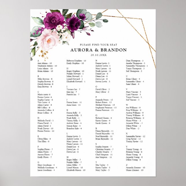 Purple Plum Blush Pink Roses Wedding Seating Chart (Front)