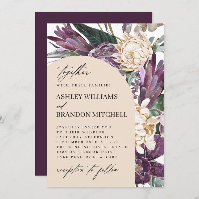Purple Plum Boho Tropical Floral Wedding Invitation (Front/Back)