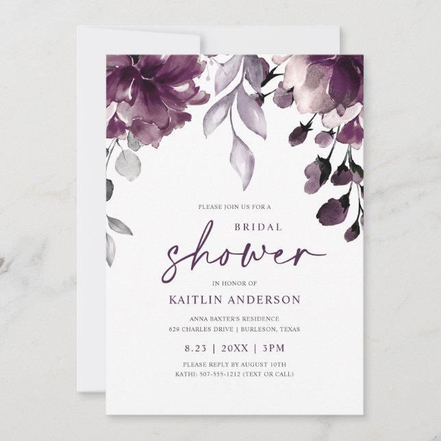 Purple Plum Bridal Shower Floral Greenery Foliage Invitation (Front)