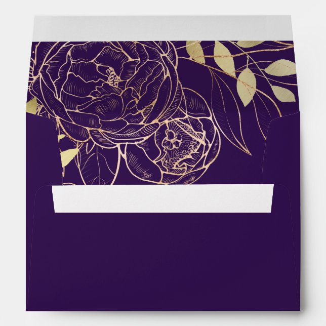 Purple Plum & Faux Gold Modern Floral Wedding Envelope (Back (Bottom))