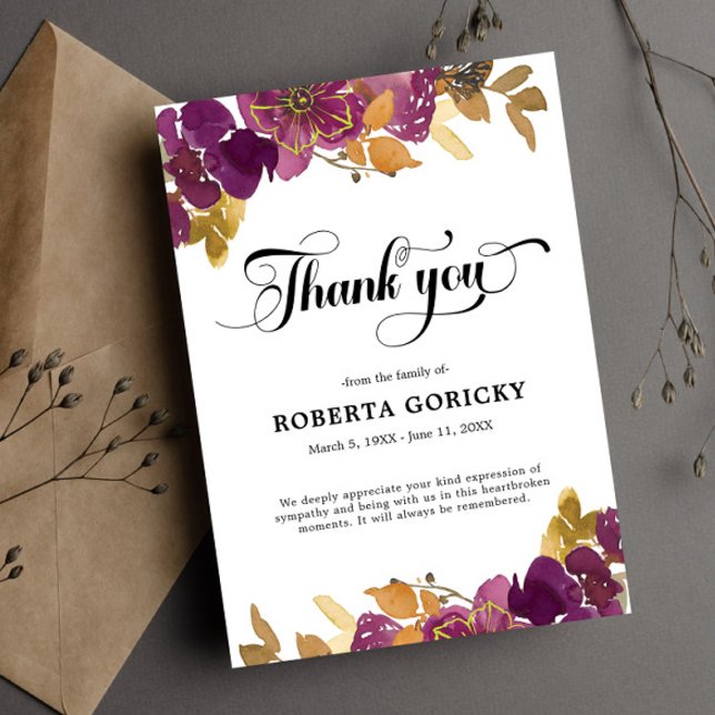 Purple Plum Floral Funeral Memorial Thank You Card (Creator Uploaded)