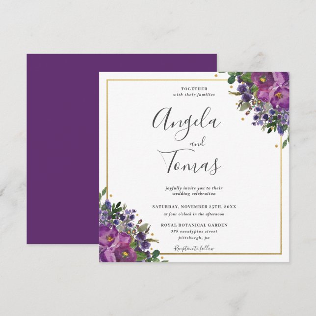 Purple Plum Floral Greenery Wedding Gold Square Invitation (Front/Back)