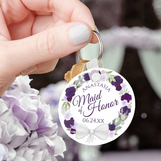 Purple & Plum Floral Wreath Maid of Honour Wedding Key Ring (Creator Uploaded)