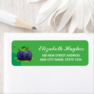 Purple plum fruits on green return address label