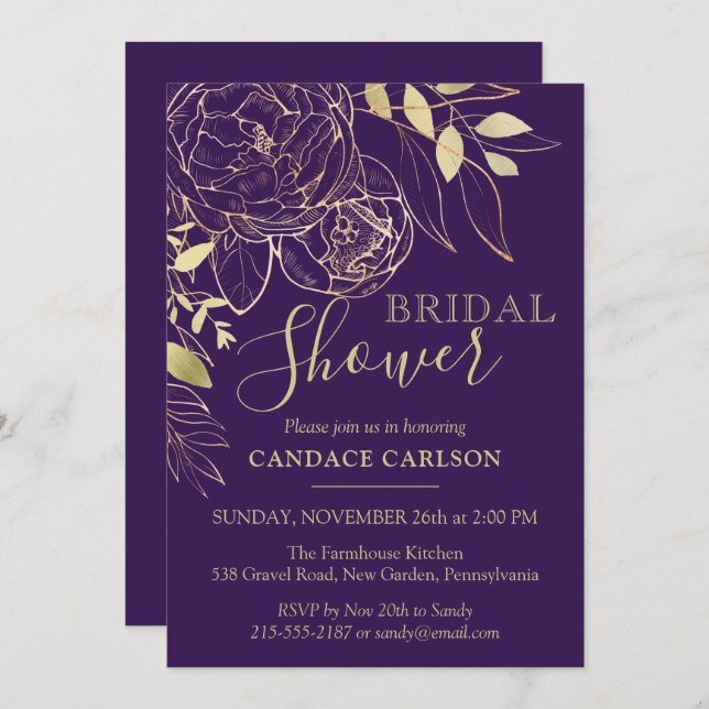 Purple Plum & Gold Modern Floral Bridal Shower Invitation (Front/Back)