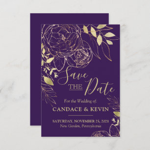 Purple Plum & Gold Peony Modern Floral Wedding Save The Date