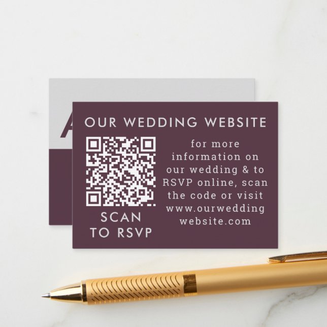 Purple Plum & Grey Wedding Web QR Code Enclosure Card (Front/Back In Situ)