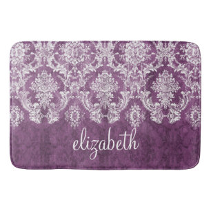 Purple Plum Grunge Damask Pattern with Name Bath Mat