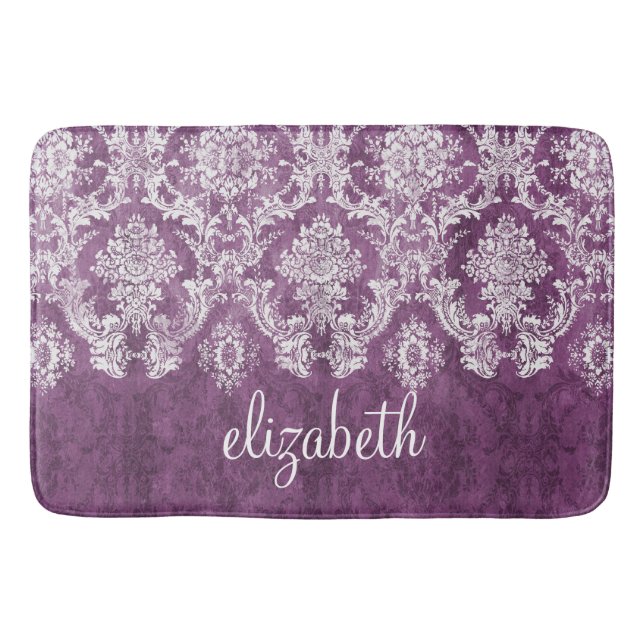Purple Plum Grunge Damask Pattern with Name Bath Mat (Front)