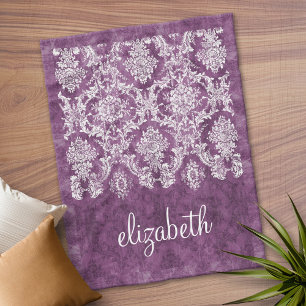 Purple Plum Grunge Damask Pattern with Name Fleece Blanket
