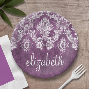 Purple Plum Grunge Damask Pattern with Name Paper Plate