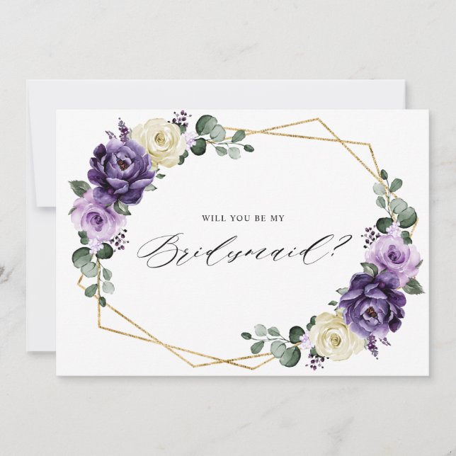 Purple Plum Ivory Gold Floral Bridesmaid Proposal Invitation (Front)