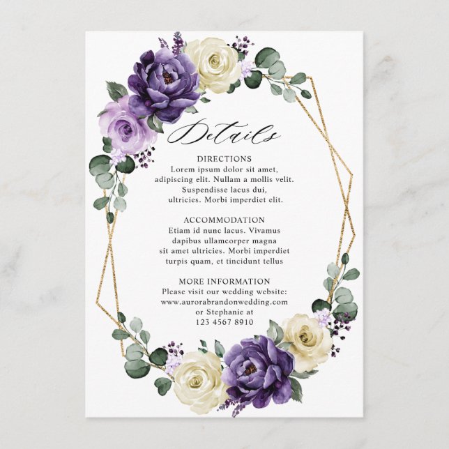 Purple Plum Ivory Gold Floral Geometric Details Enclosure Card (Front)
