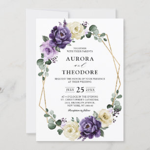 Purple Plum Ivory Gold Floral Geometric Wedding Invitation