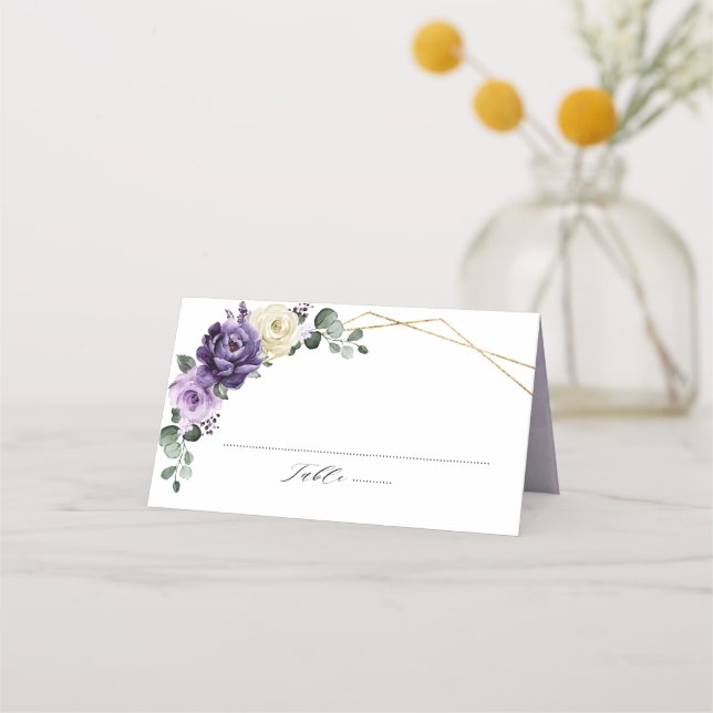 Purple Plum Ivory Gold Floral Geometric Wedding Place Card (Front)