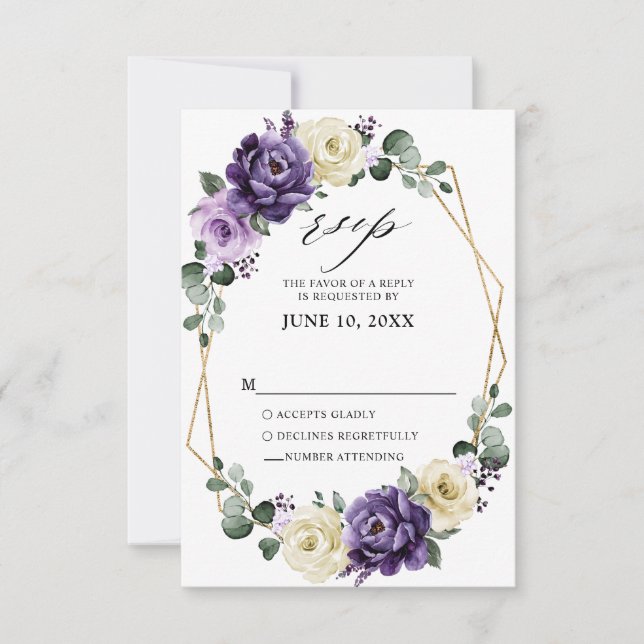 Purple Plum Ivory Gold Floral Geometric Wedding RSVP Card (Front)