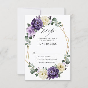 Purple Plum Ivory Gold Floral Geometric Wedding RSVP Card