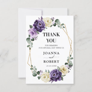 Purple Plum Ivory Gold Floral Geometric Wedding Thank You Card