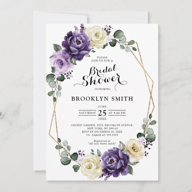 Purple Plum Ivory Gold  Geometric Bridal Shower Invitation (Front)
