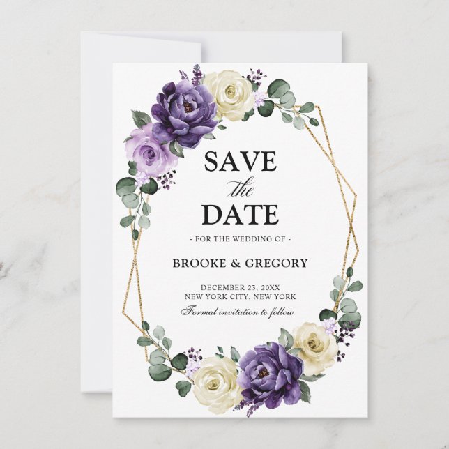 Purple Plum Ivory Gold Geometric Save the Date (Front)