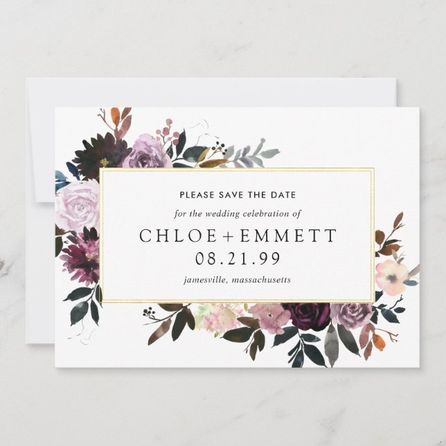 Purple Plum Mauve Pink Floral Save the Date Card (Front)