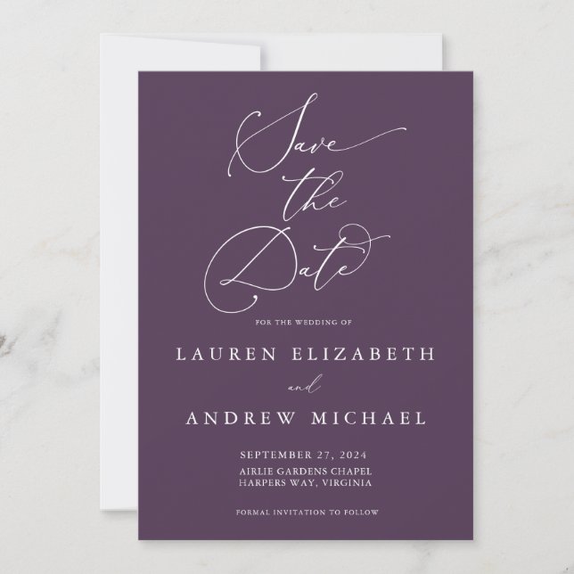Purple Plum Modern Minimalist Save the Date Invita Invitation (Front)