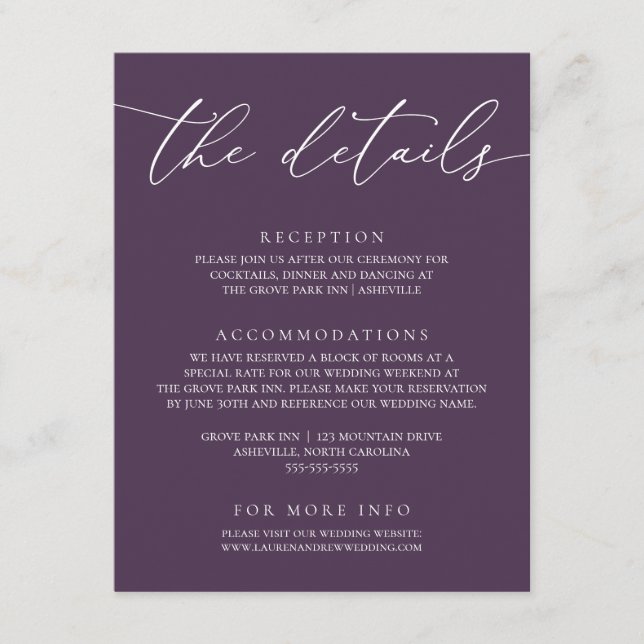Purple Plum Modern Minimalist Wedding Enclosure Ca Card (Front)