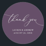 Purple Plum Modern Minimalist Wedding Thank You Classic Round Sticker<br><div class="desc">Our modern minimalist purple plum thank you sticker/seal has "thank you" written in modern calligraphy script and can be fully customised with your name,  dates and background colour. Made to match our Purple Plum Modern Minimalist Wedding Suite.</div>