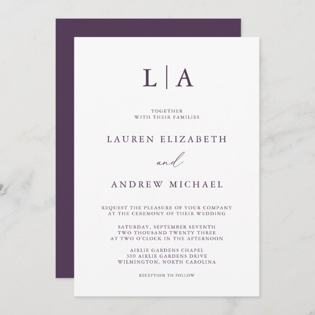 Purple Plum Monogram Simple Minimalist Wedding Inv Invitation (Front/Back)