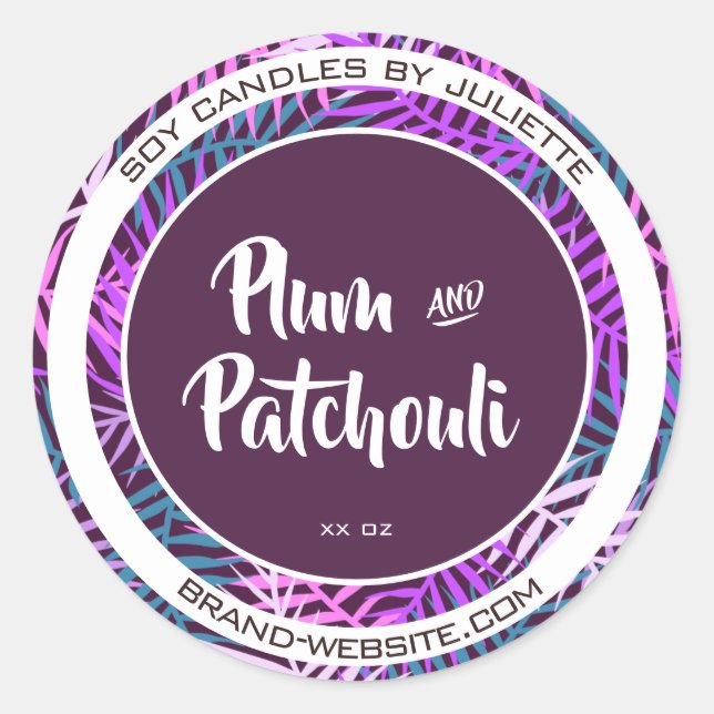 Purple Plum Packaging Soy Candles Tropical Leaves Classic Round Sticker (Front)
